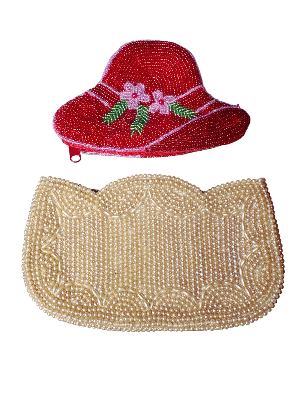 Vintage Red Beaded Hat Coin Purse And Beaded Pearl Coin Purse Bundle